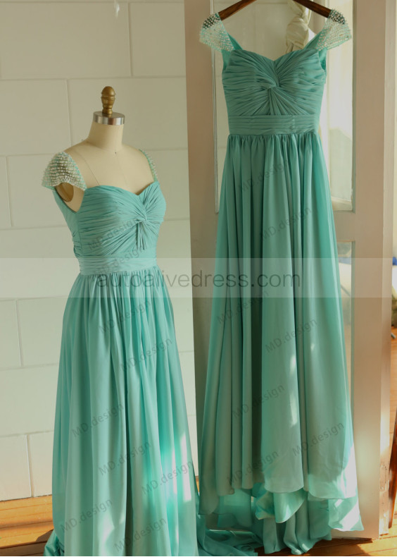 Jeweled Cap Sleeves Turquoise Chiffon Pleated Bridesmaid Dress